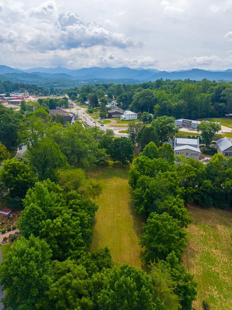 Aerial view looking down the length of the lot toward town and the mountains