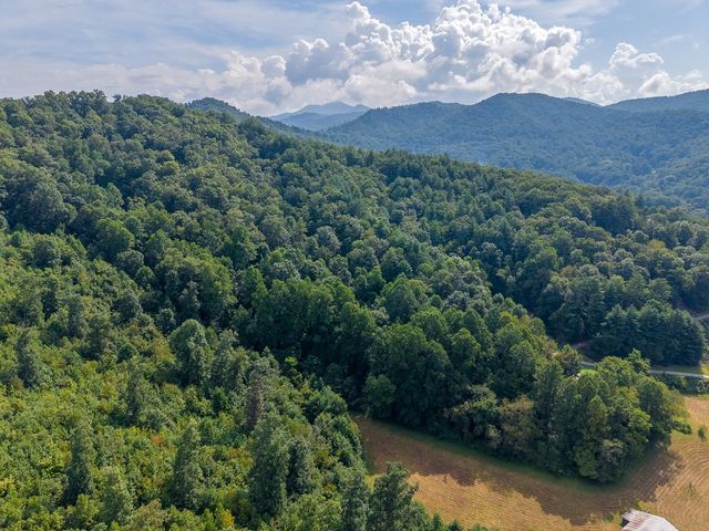 Aerial view over the wooded hills toward the mountains