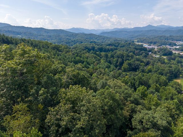 Aerial view over the wooded hills toward the mountains