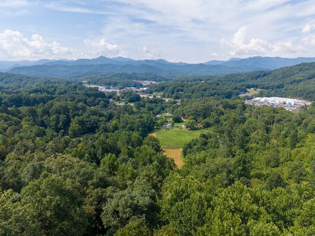 Aerial view over the wooded hills toward the mountains